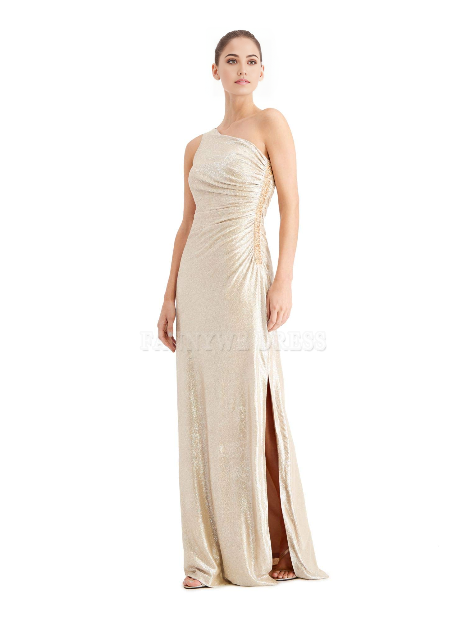 Vestido de noche con un solo hombro fruncido y cuentas, vestido formal de dama de honor, vestido de fiesta con laterales